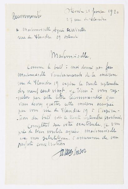 James Ensor (1860-1949) Lettre autographe signée
Ostende, 25 février 1920
1 p. sur...