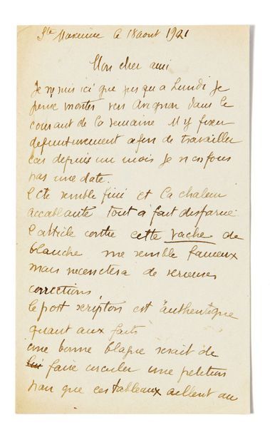 André DERAIN (1880-1954) Lettre autographe signée Sainte-Maxime, 18 août 1921 4 p....