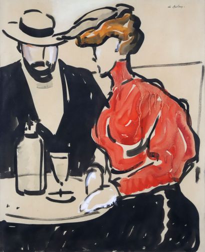  Pierre de BELAY (1890-1947)
Couple at table 
Gouache signed upper right 
43 x 34... Gazette Drouot