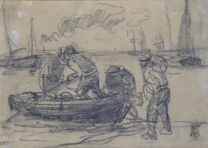 Eugène BOUDIN (Honfleur, 1824 - Deauville, 1898)
Barque et pêcheurs
Crayon et rehauts... Gazette Drouot