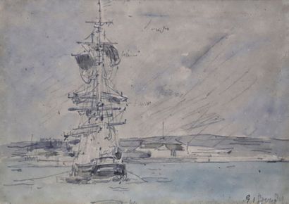  Eugène BOUDIN (Honfleur, 1824 - Deauville, 1898)
Three-masted ship near Honfleur
Watercolor... Gazette Drouot