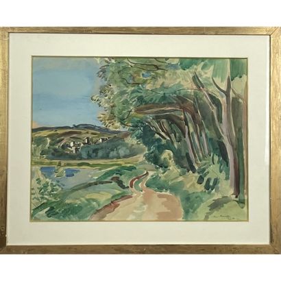 null PLANSON André (1898-1981). "Path of the pond". Watercolor on pen line signed...