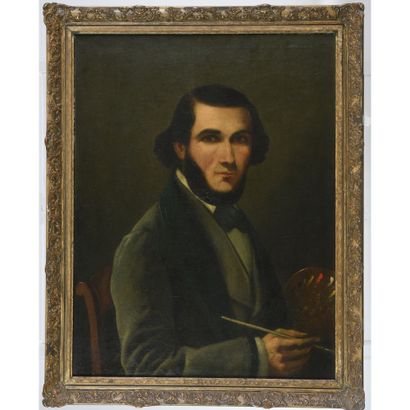  BAILLE Edouard (D’après). « Portrait de Gustave Courbet à la palette ». Toile annotée... Gazette Drouot
