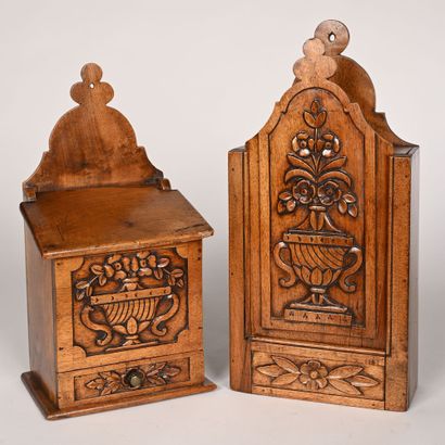 null SALT BOX AND A PROVENCALE FLOUR BOX in walnut with carved decoration of flowering...