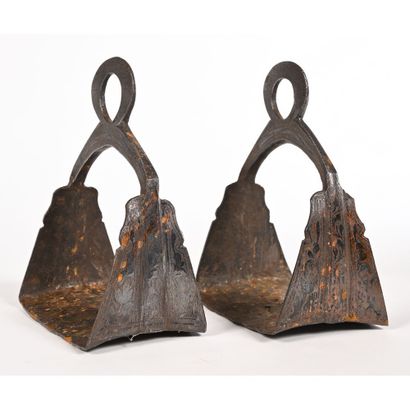 null PAIR OF IRON SHELVES with damascened highlights in stylized and foliate motifs....