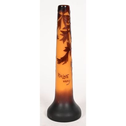 null DELATTRE in NANCY. Acid-etched glass soliflore VASE decorated with brown flowers...