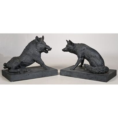 null DUCEL Jean-Jacques. (1801-1877). "Fox and wild boar". Very rare pair of cast...