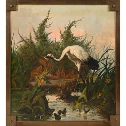 null VIVIEN Narcisse. 19th century FRENCH SCHOOL. "Stork in a landscape". Oil on...