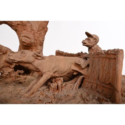 null DRINAM Camille. ORIGINAL GROUPE in terracotta representing 3 dogs mounted by...