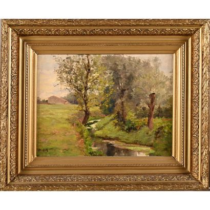 null DE RETZ Eudes (1856-1930). ARRAS SCHOOL. "Landscape with a brook". Marouflaged...