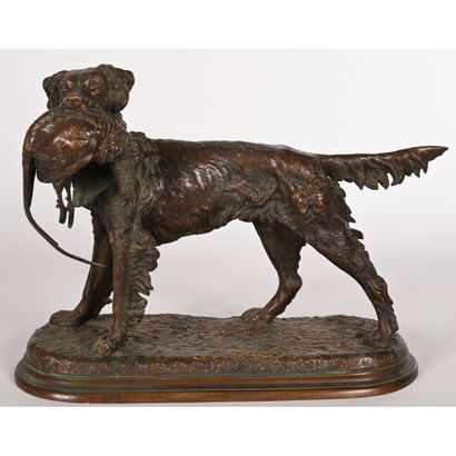 null MOIGNIEZ Jules (1835-1894). "Spaniel with pheasant". Bronze with shaded brown...
