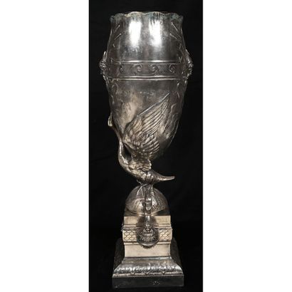null FUGERE Henri (1872-1944). LARGE ovoid silvered bronze VASE with relief decoration...