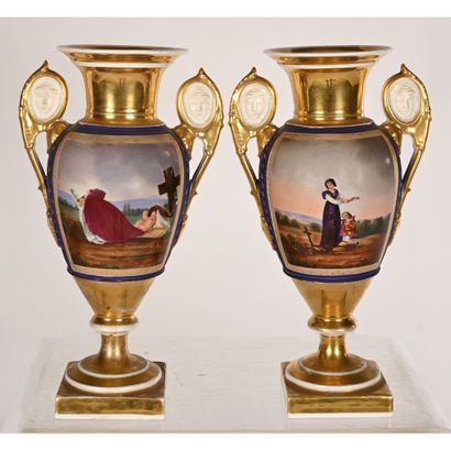 null PAIR OF RESTAURATION porcelain vases decorated with romantic scenes and figures...