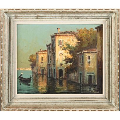 null PISINI A. "Gondola in Venice". Oil on canvas. H.38 L.45.