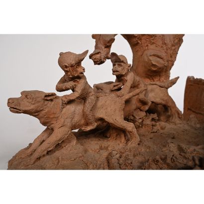 null DRINAM Camille. ORIGINAL GROUPE in terracotta representing 3 dogs mounted by...