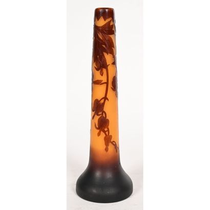 null DELATTRE in NANCY. Acid-etched glass soliflore VASE decorated with brown flowers...