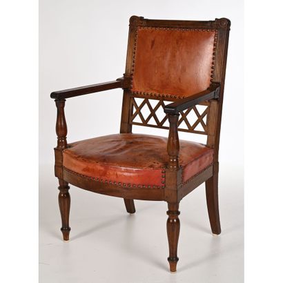 null EMPIRE CHAIR in mahogany, rare cross and scroll design. Rounded seat. Jacob's...