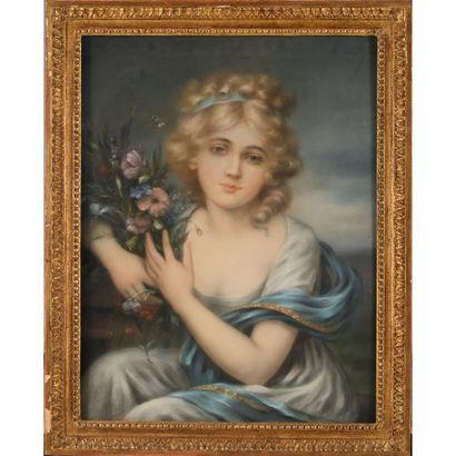 null 19th century FRENCH ECOLE. "Portrait of a Young Woman with a Spray of Flowers"....