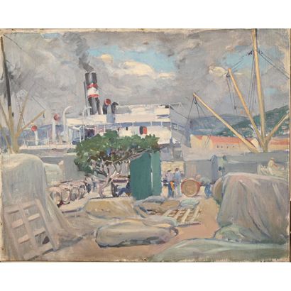 null JONAS Lucien (1880-1947). "Loading boats in the port of Sète". Canvas. H.65...