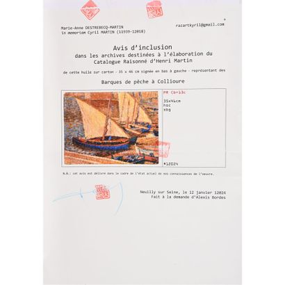 null MARTIN Henri. (1860-1943). «Barques de pêche à Collioure». Huile sur carton...
