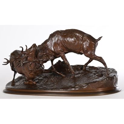 MENE Pierre-Jules. (1810-1879). «Combat de cerfs». Bronze à patine brune signé P.J.... Gazette Drouot