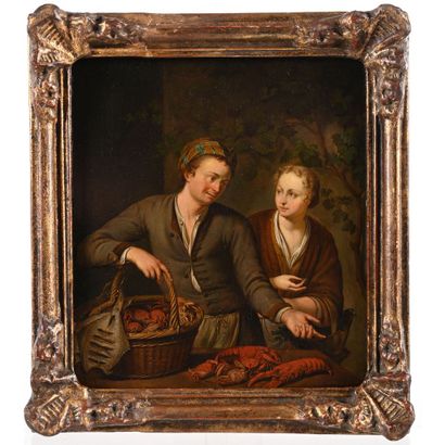  VAN MIERIS Franz. (1635-1681). «Le marchand de crustacés». Huile sur panneau dans... Gazette Drouot