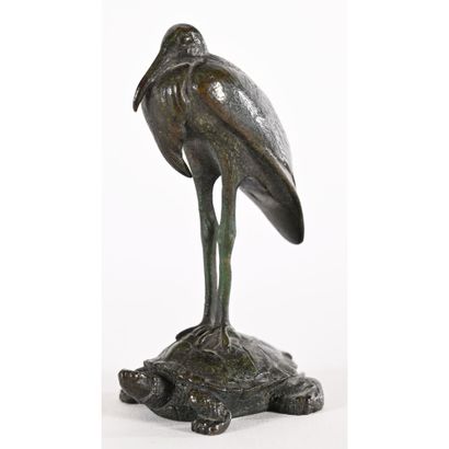  BARYE Antoine-Louis. (1796-1875). «Cigogne sur une tortue». Bronze à patine brune... Gazette Drouot
