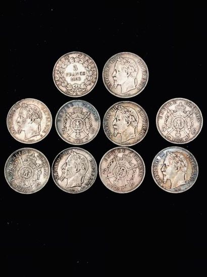 null A lot of ,10 silver coins including: 
- 9 pieces of 5 francs silver - Napoleon...