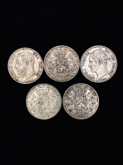 null 5 pièces de 5 francs argent belge dont 4 Leopold II et 1 Leopold Ier.
