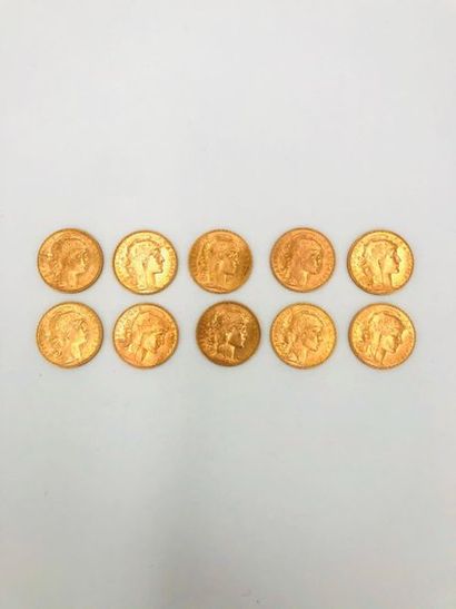 null A batch of 10 coins of 20 francs gold Coq Marianne - 3rd Republic period