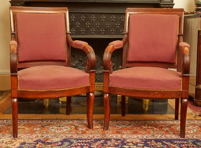 null Set of two pairs of wooden and mahogany armchairs with cross arms. Old rose...