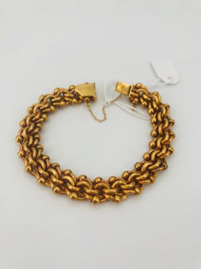 null Bracelet à mailles entrelacées rainurées rehaussé de petites perles d'or, or...