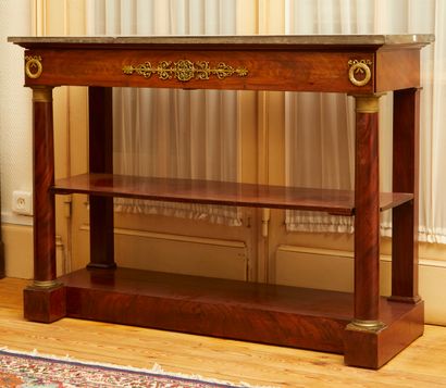 null Wood and mahogany console table, with two shelves in front of the column, the...