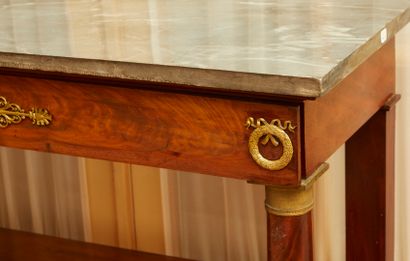 null Wood and mahogany console table, with two shelves in front of the column, the...