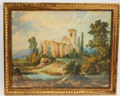 null * COLLIGNON ( XIXe). 

Ruines d'église gothique, 

Aquarelle sur papier, signée...