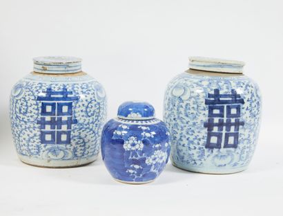 null * Paire de pots à gingembre en porcelaine de Chine bleu et blanc à décor de...