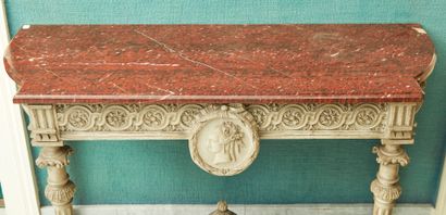 null Half moon console with a large right-hand projection in carved and grey lacquered...