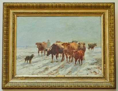 null * Martin COUTAUD (1860-1906). 

Troupeau de vaches par temps de neige

Huile...