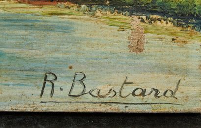 null R BASTARD (20th). 

Landscape with mills, 

Oil on canvas signed lower right,...