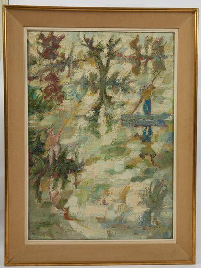null * Robert BOUQUILLON ( 1923-2013). 

Le Marais Pêcheurs

Huile sur toile signée...