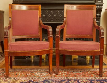 null Set of two pairs of wooden and mahogany armchairs with cross arms. Old rose...
