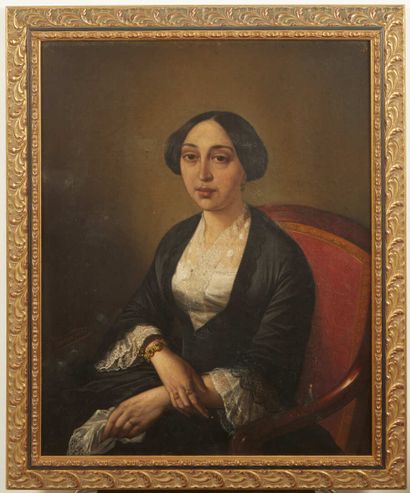 null École XIX ème siècle, 

Portrait de femme au châle noir , *

Huile sur toile,...