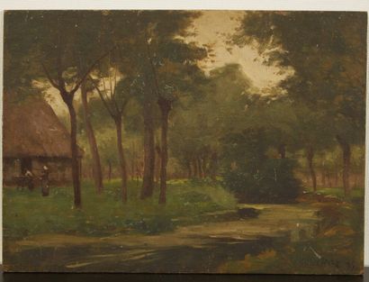 null Eudes de RETZ ( 1857-1930), 

Chaumière dans la clairière, 

Huile sur panneau...