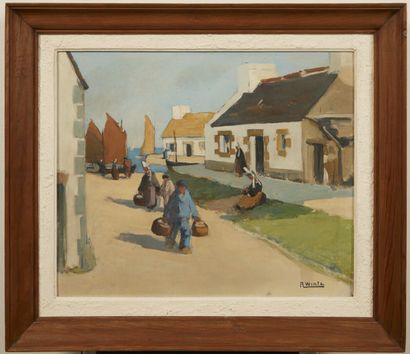 null Raymond WINTZ (1884-1956). 

Bretagne, retour de pêche,

Huile sur toile signée...