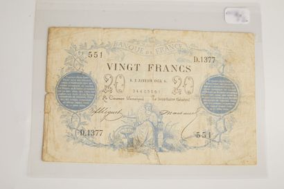 null A 20 francs bill type Chazal dated January 3, 1873 numbered D.1377 551. 

(...