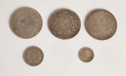 null Set of 5 silver coins:

- 3 coins of 5 francs AN 12 M, AN 13 M , 1810 L

- 1...