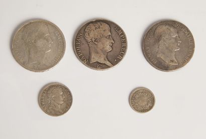 null Set of 5 silver coins:

- 3 coins of 5 francs AN 12 M, AN 13 M , 1810 L

- 1...