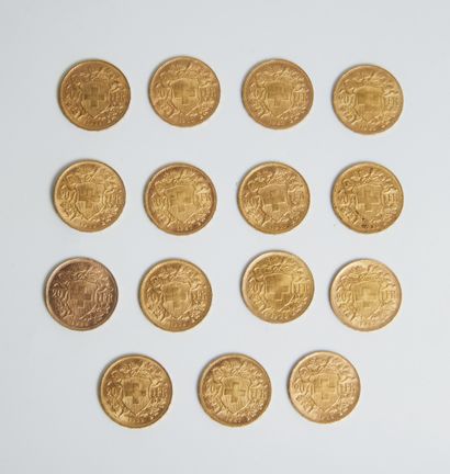 null Lot of 15 pieces of 20 Swiss gold francs.