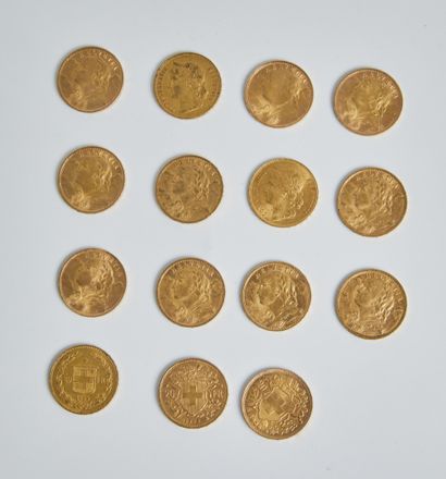 null Lot of 14 pieces of 20 Swiss gold francs