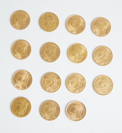 null Lot of 14 pieces of 20 Swiss gold francs